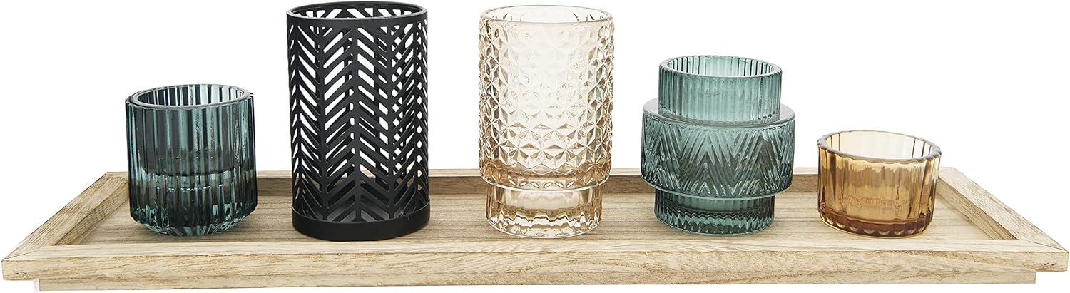 Bloomingville Embossed Glass & Metal Tealight Holders on Rectangle Wood Tray (Set of 6 Pieces) Vo... | Amazon (US)
