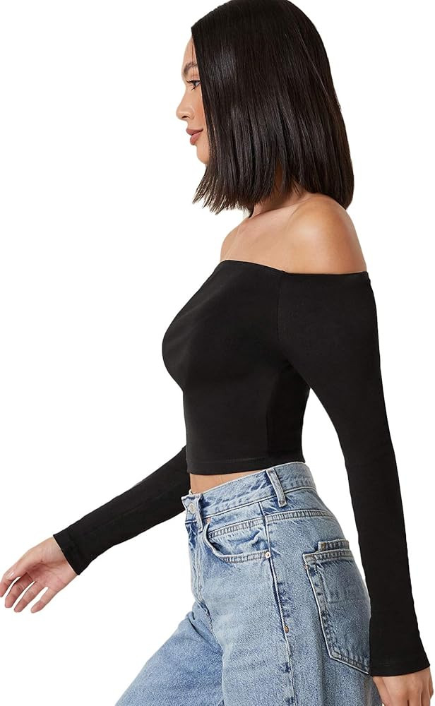 Verdusa Women's Basic Long Sleeve Off Shoulder Fitted Crop Tee Top | Amazon (US)