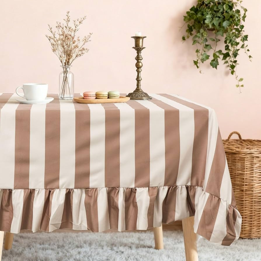 JarThenaAMCS Ruffle Tablecloth Table Cloth Beige Brown Striped Rectangle Decorative Table Cover f... | Amazon (US)