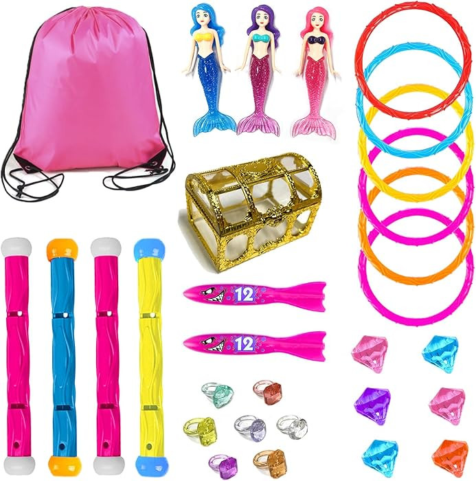 30 Pcs Diving Pool Toys for Kids Ages 3-12 - Little Mermaid Toys for Girls, Dive Sticks, Treasure... | Amazon (US)