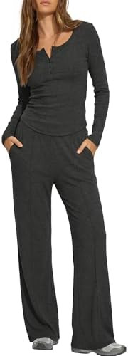Darong Womens 2 Piece Matching Lounge Sets 2026 Long Sleeve Henley Shirts Wide Leg Pants Airport ... | Amazon (US)