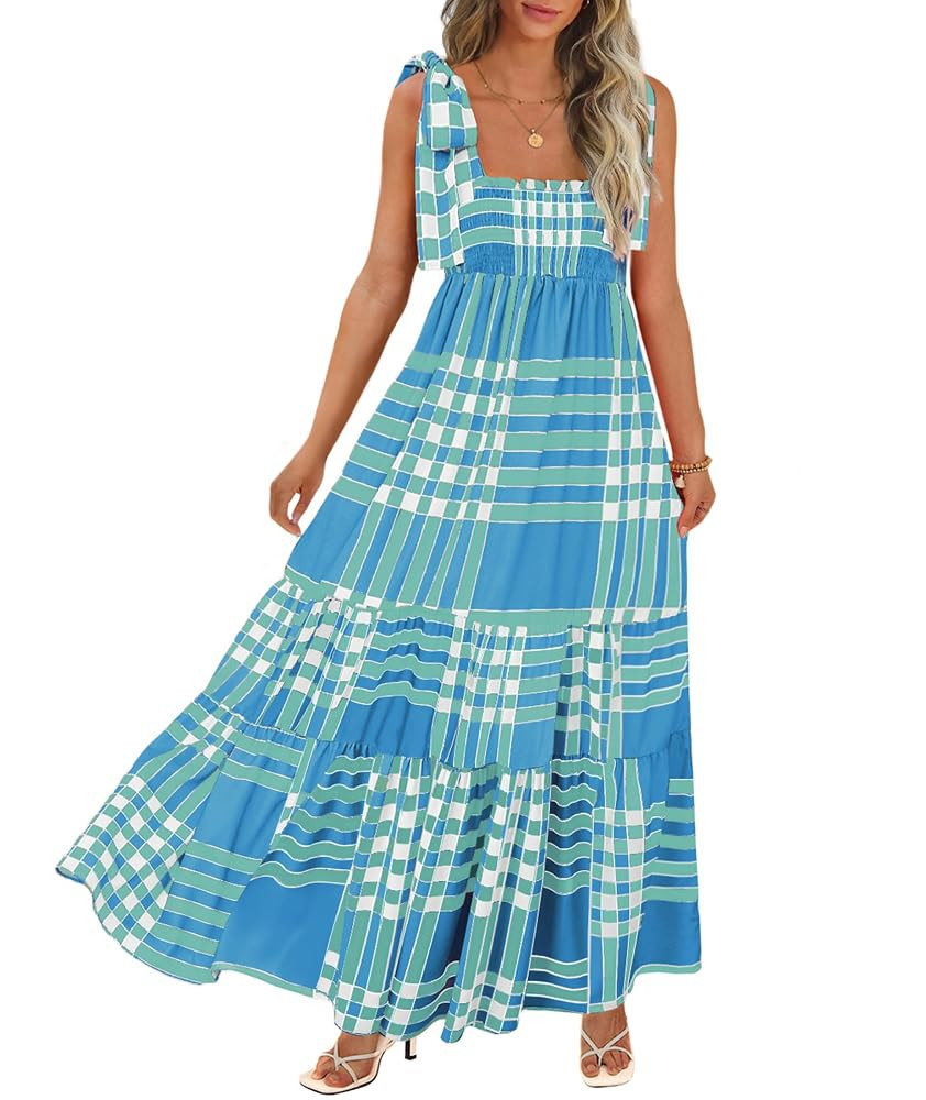 Women's Summer Maxi Dress Boho Spaghetti Straps Casual Long A-line Smocked Beach Dress Square Nec... | Amazon (US)