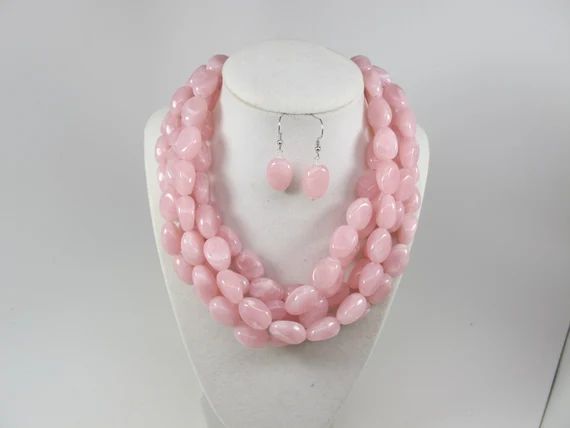 Chunky pink necklace, multi strand statement rose quartz necklace pink beaded statement jewelry, ... | Etsy (US)