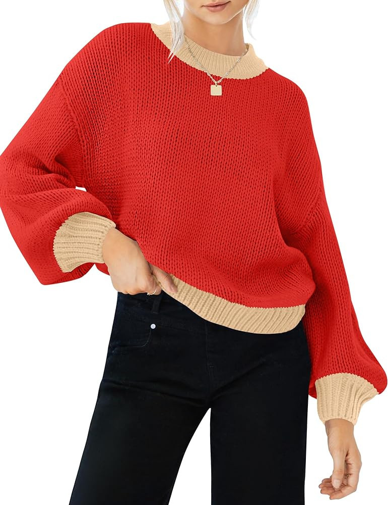 ZESICA Women's Casual Long Sleeve Crew Neck Pullover 2024 Fall Ribbed Knit Loose Contrast Color S... | Amazon (US)