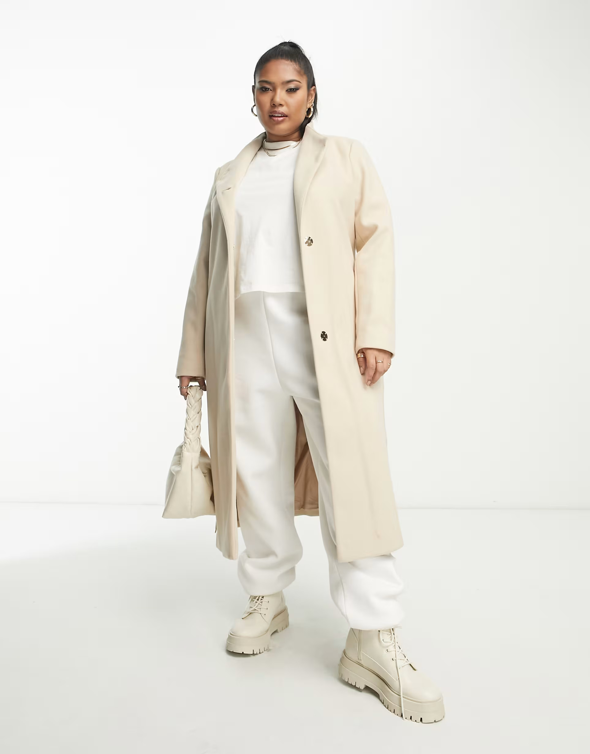 River Island Plus belted funnel neck coat in cream | ASOS (Global)
