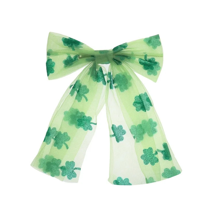 Way to Celebrate St. Patrick's Day Green and White Shamrock Print Hair Bow, 1 Piece | Walmart (US)