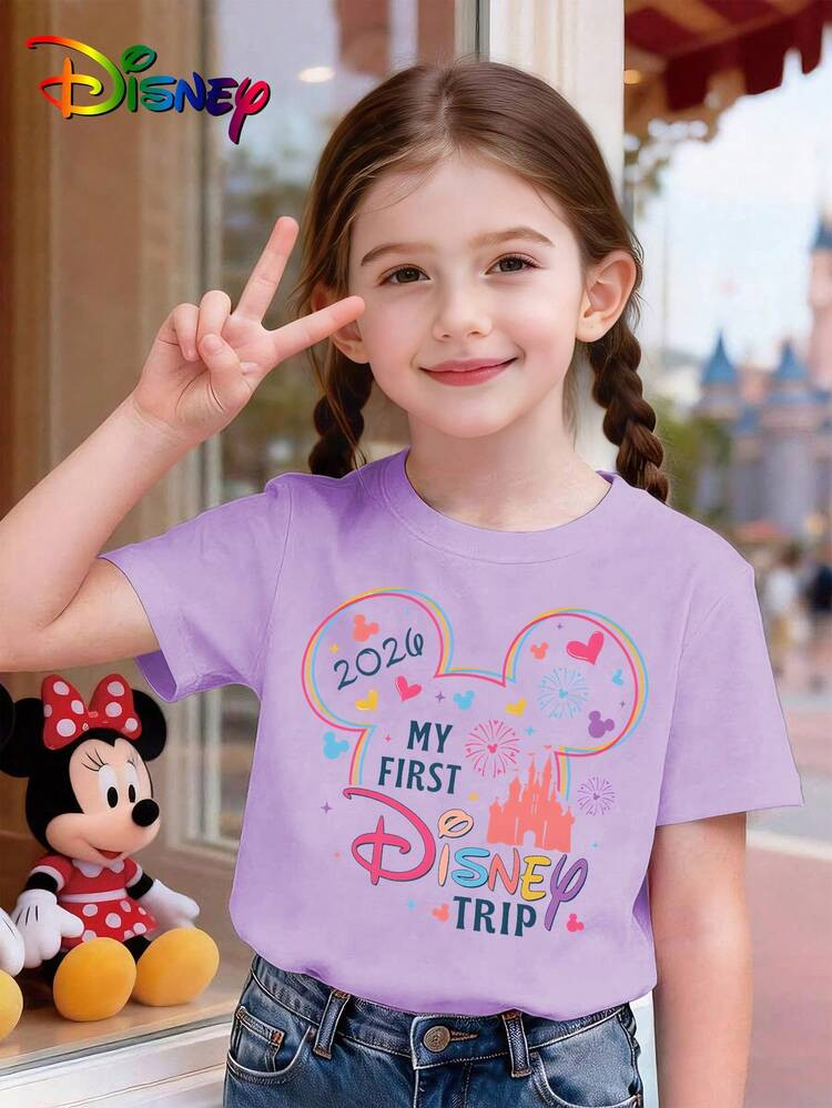 Disney Commemorative T-Shirt,  Summer Girls' Cotton Crew Neck Short-Sleeve Shirt, Suitable For Ev... | SHEIN