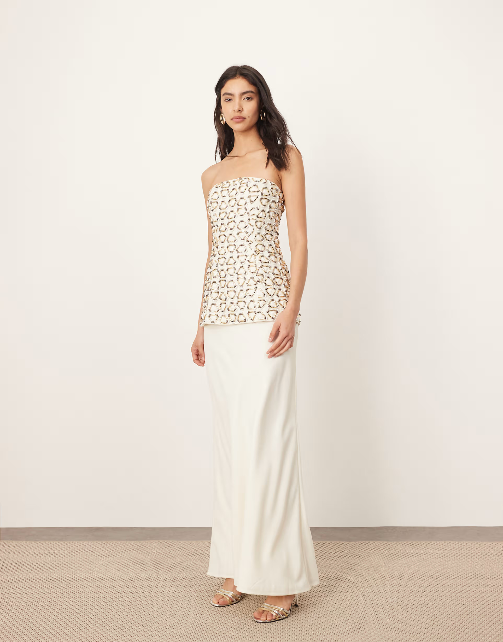 ARRANGE geo embellished hybrid bandeau maxi dress in ivory and gold | ASOS | ASOS (Global)