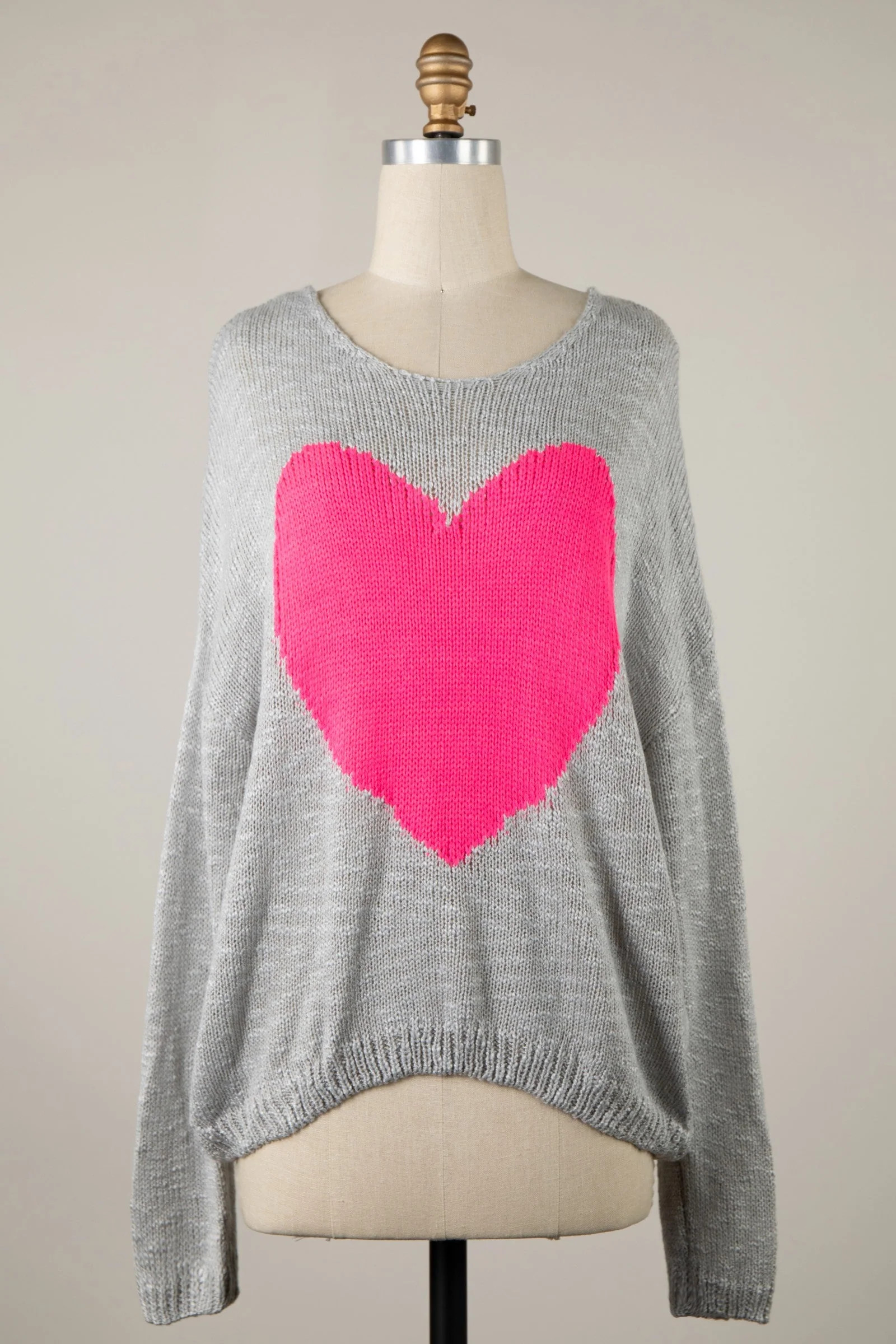 Grey and Pink Heart Sweater - Sheer Sweater | Boho Pink | Boho Pink