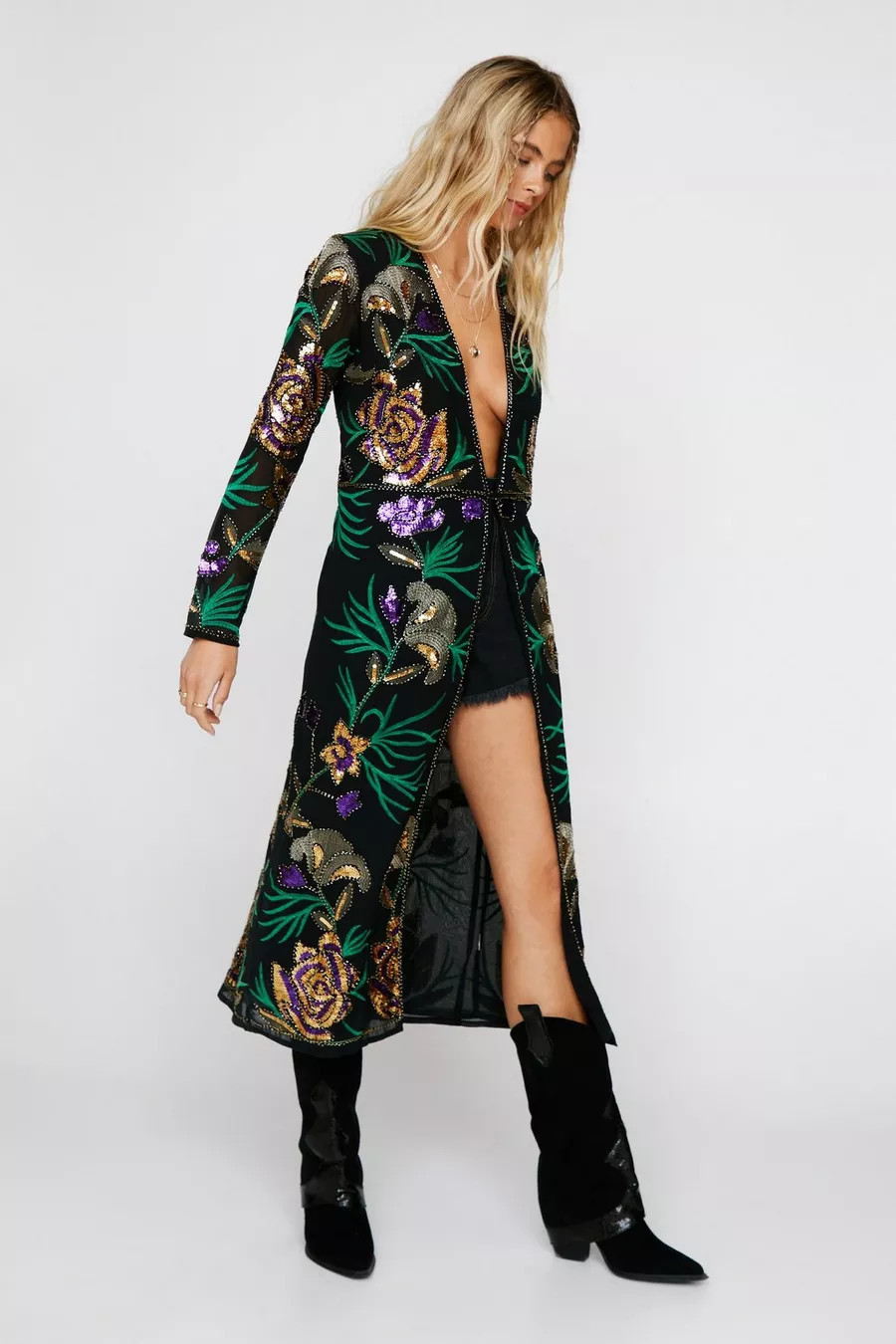 Embellished Floral Design Longline Kimono | Nasty Gal US