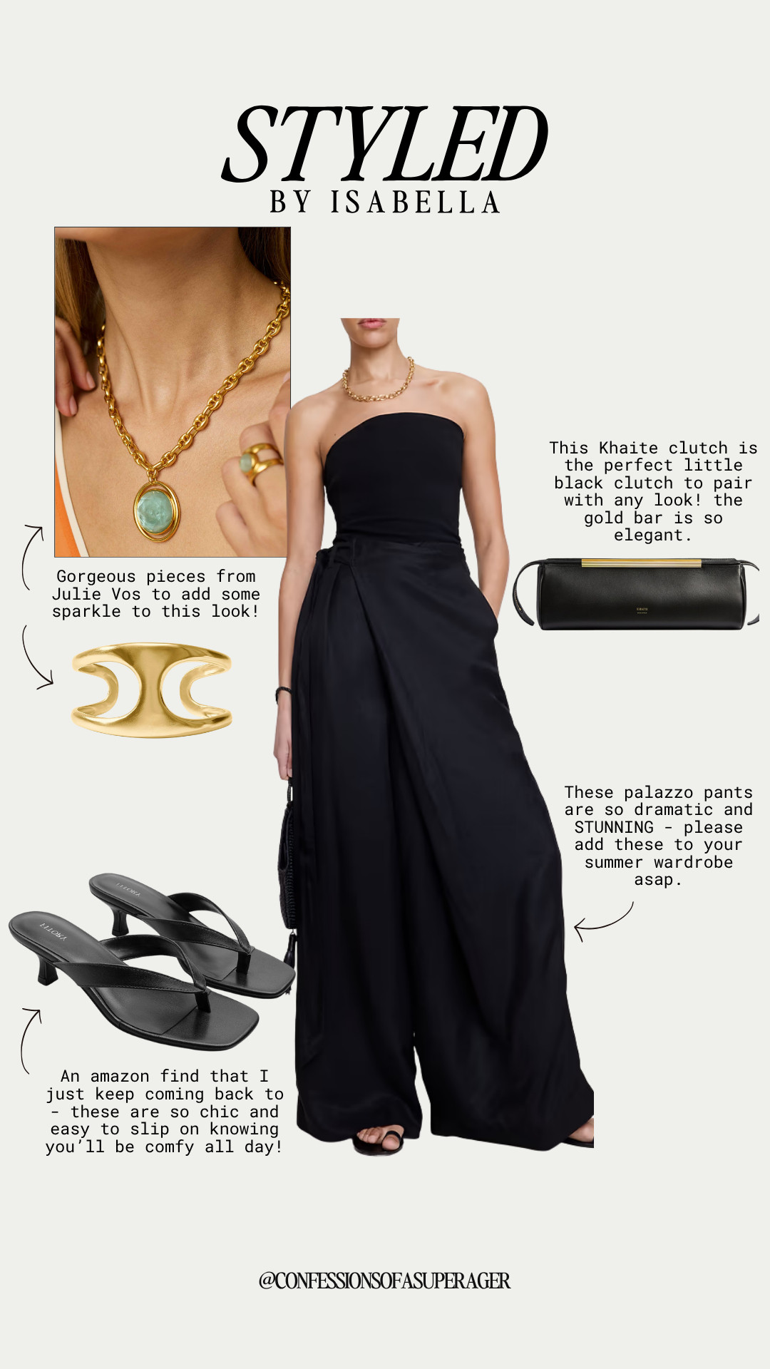 Classic black never fails 🖤 This elegant strapless top and dramatic palazzo pants create the ultimate timeless outfit for summer dinners, weddings, cocktail parties, and vacation evenings. Styled with a chic Khaite clutch, gold statement jewelry, and comfortable kitten heel sandals for an effortlessly sophisticated look you'll wear on repeat. Tap to shop this elevated capsule wardrobe favorite! ✨ 

 #SummerStyle #BlackOutfit #QuietLuxury #PalazzoPants #MinimalStyle #ElegantStyle #CocktailAttire #WeddingGuestStyle #VacationStyle #ResortWear #CapsuleWardrobe #LuxuryFashion #GoldJewelry #EveningStyle #DateNightOutfit #FashionOver40 #FashionOver50 #AgelessStyle #LTKStyle #LTKFashion #LTKFinds #EffortlessChic #ConfessionsOfASuperAger #LTKSeasonal #LTKOver40 #LTKSaleAlert