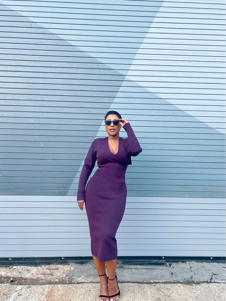 Talk about snatched! I love this Dark purple V neck long sleeve sweater dress that accentuates your body! Velvet sandals gray tortoise sunglasses 

#datenightoutfit
#sexysweaterdress
#paddedshoulders

#LTKFind #LTKSeasonal