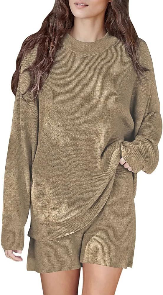 Viottiset Women's 2 Piece Outfits Lounge Shorts Set Oversized Sweater Top Loungewear Sweatsuit | Amazon (US)