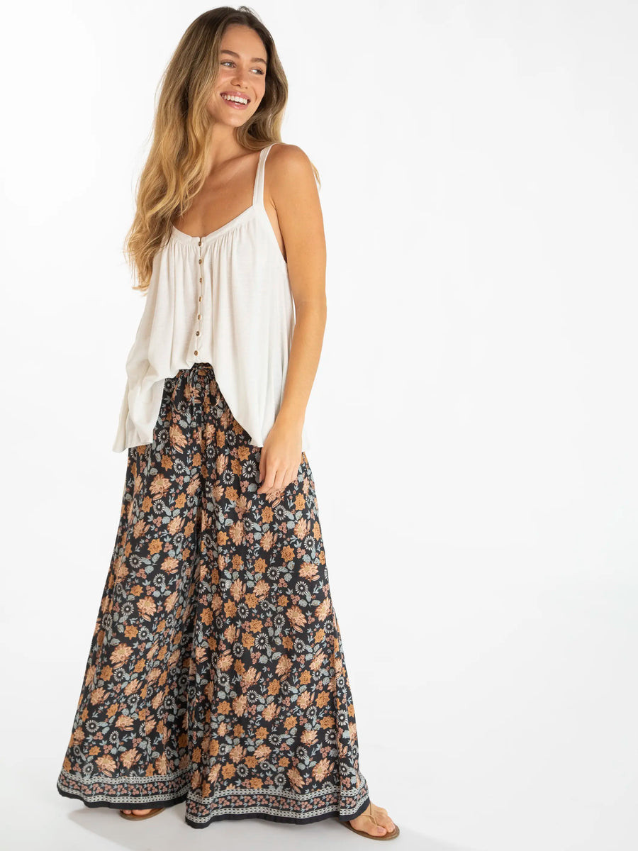 Go With The Flow Wide Leg Pant - Charcoal Light Blue Floral Border | Natural Life