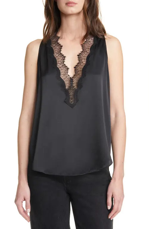 A.L.C. Delilah Lace Trim Stretch Silk Satin Top in Black/Black at Nordstrom, Size 6 | Nordstrom