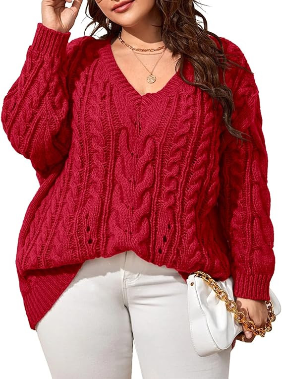 Dyexces Plus Size Sweaters for Women V Neck Long Sleeve Cable Knit Sweaters Casual Fall Sweaters ... | Amazon (US)