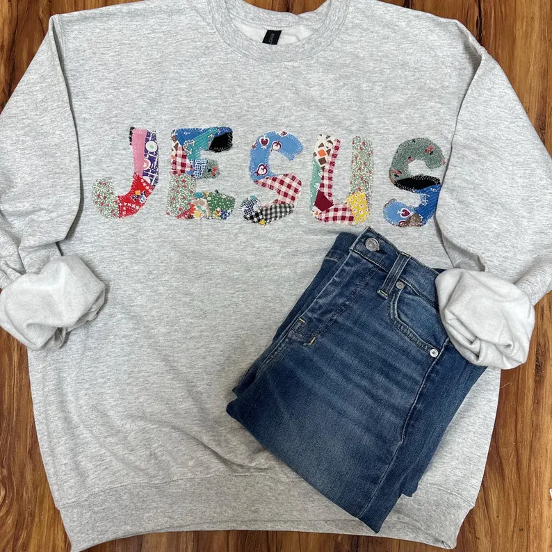 Quilted Jesus handmade sweatshirt: upcycled textiles, clothing, sweatshirt, crewneck, grandmacore... | Etsy (US)