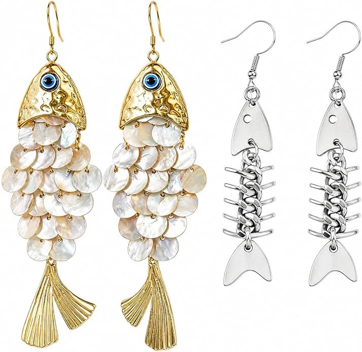 4PCS Fish Earrings for Women, Unique Fish Bone Earrings Set with Pearl Scale Design, Perfect for ... | Amazon (US)