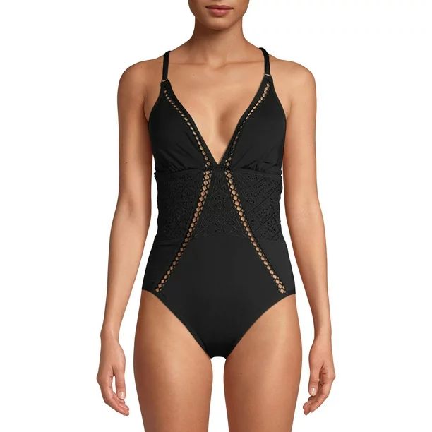 Time and Tru Women's Black Eyelet One Piece Swimsuit | Walmart (US)