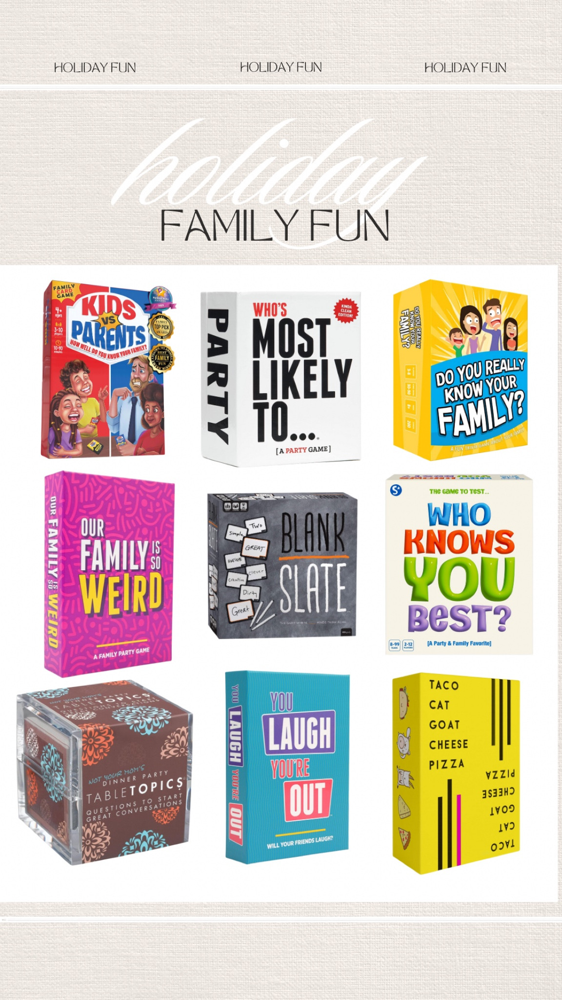 The absolute best line up for family fun at your holiday gatherings! 

family games | holiday games | hostess gifts 

#LTKSeasonal #LTKHoliday #LTKFamily