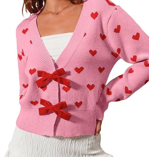Women Valentine’s Day Heart Sweater Cardigan Cute Long Sleeve Open Front Knitted Outwear Holiday Party Sweater Tops | Amazon (US)