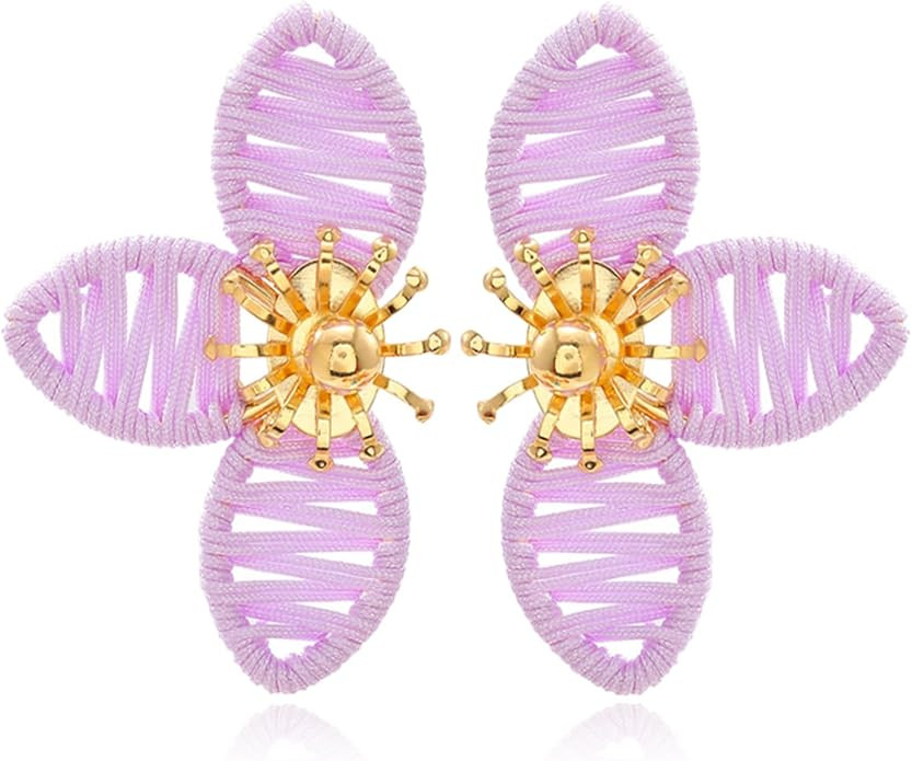 Raffia Flower Earrings for Women Handmade Raffia Straw Petals Earrings Gold-Tone Center Rhineston... | Amazon (US)