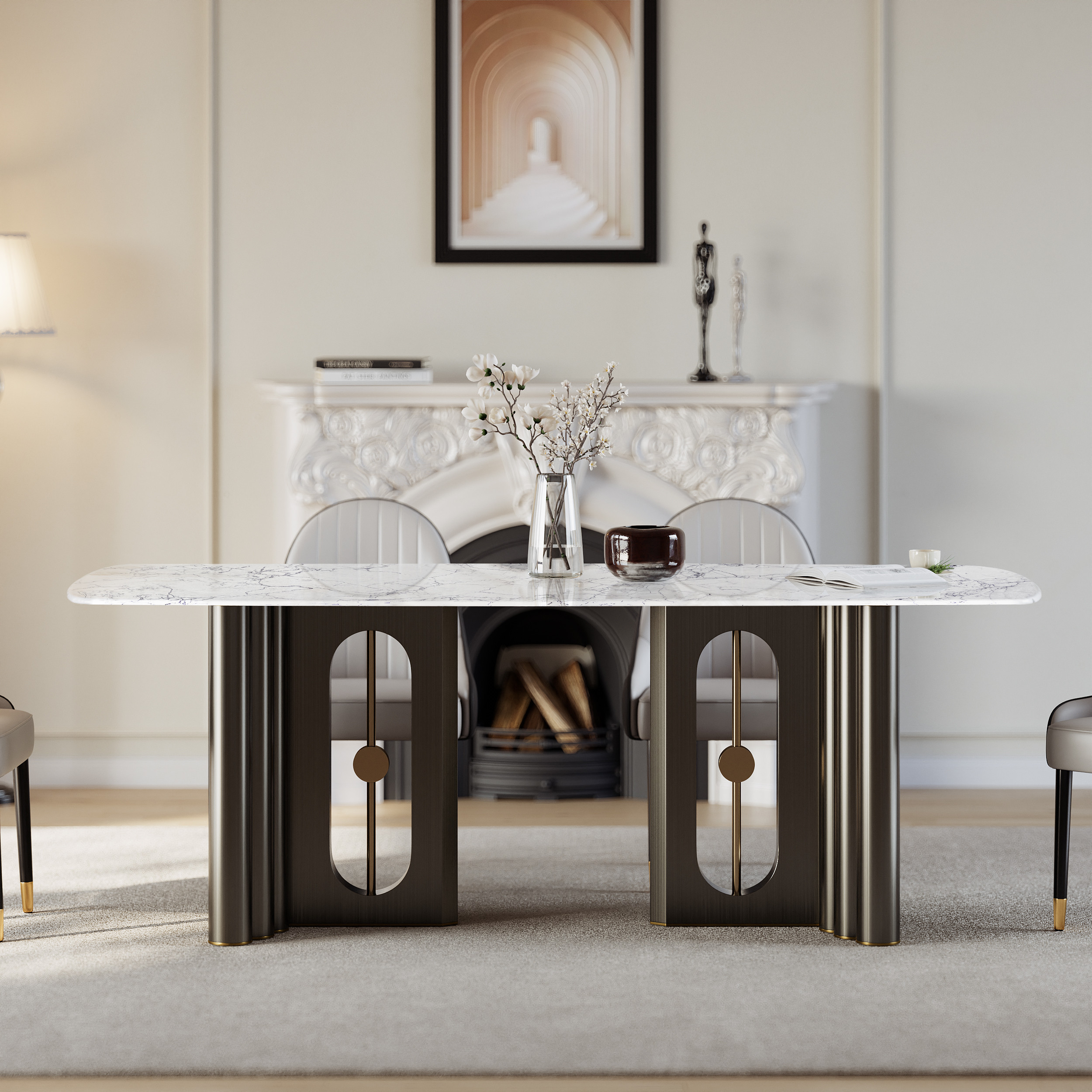 79"" Modern Rectangle Faux Marble Top Dining Table for 8 Seaters in Black & White | Homary