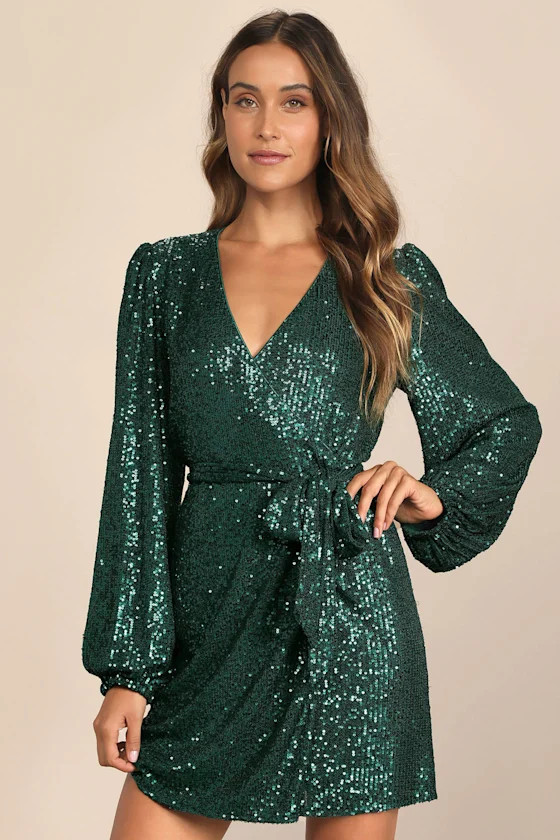 Sparkly Darling Emerald Green Sequin Long Sleeve Wrap Dress | Lulus