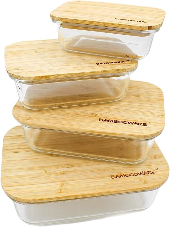 Bambooware Glass Containers with Lids | Non Plastic Glassware Set - Natural Raw Organic Wooden Ba... | Amazon (US)