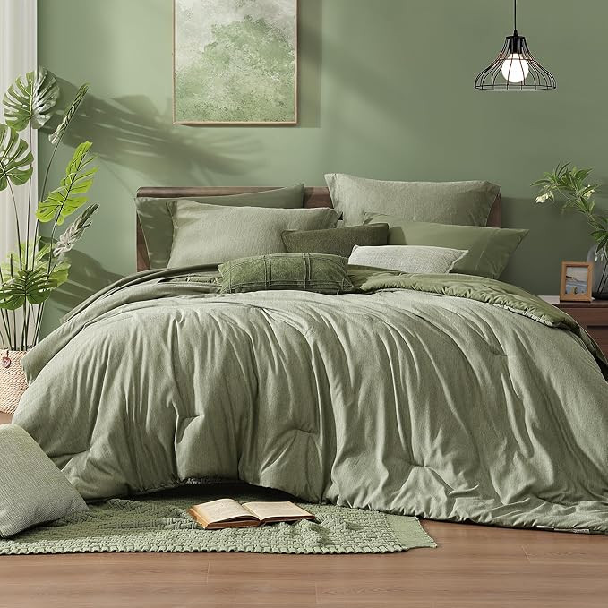 Monbix Queen Comforter Set - 7 Pieces Cationic Dyeing Sage Green Bed in a Bag Queen Bedding Sets ... | Amazon (US)