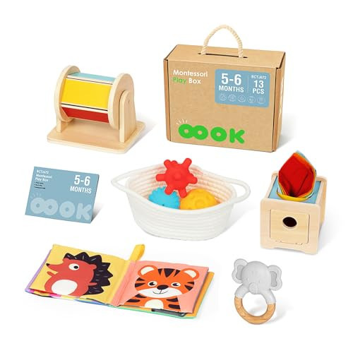 OOOK Montessori Toys for Babies 0-6 Months, All-in-1 Newborn Toys with Baby Tissue Box Toy, Spinning Drum, Sensory Balls with Storage Basket, Cloth Book and Elephant Teether. | Amazon (US)