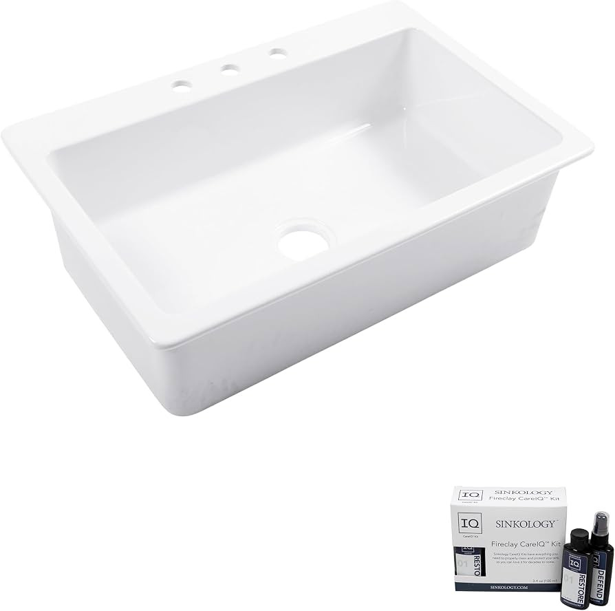 Jackson Crisp White Fireclay 33" Single Bowl Drop-In Kitchen Sink and Care Kit, 3 Holes | Amazon (US)