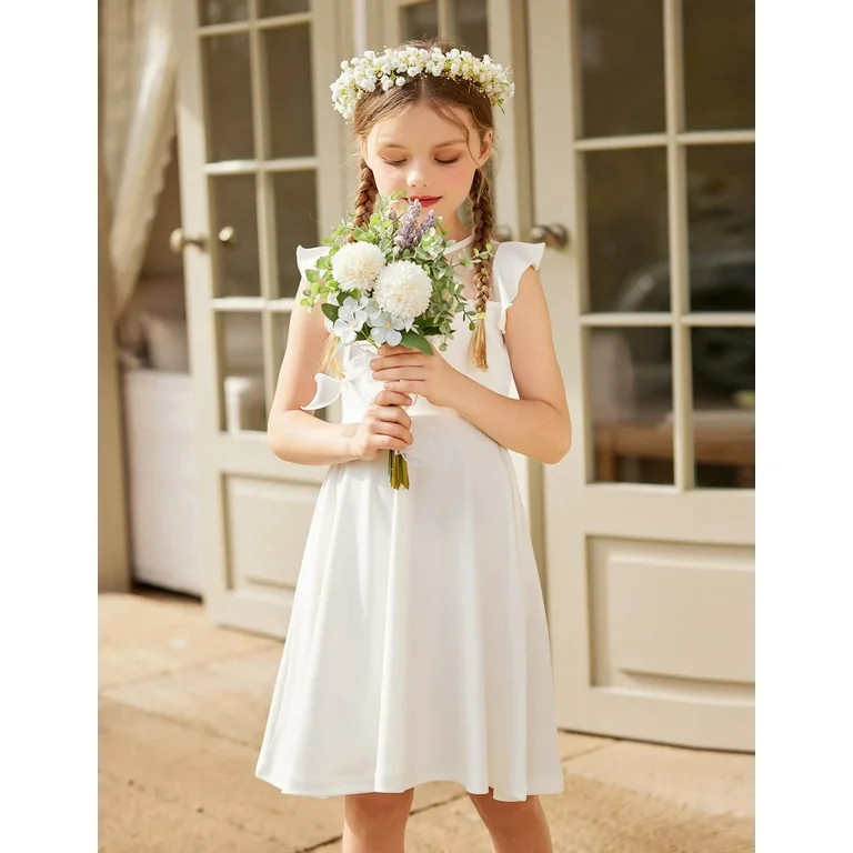 Oudiya Girls Summer White Dress Ruffle Sleeve Mesh A Line Casual Party Dresses with Pockets 6-13 ... | Walmart (US)