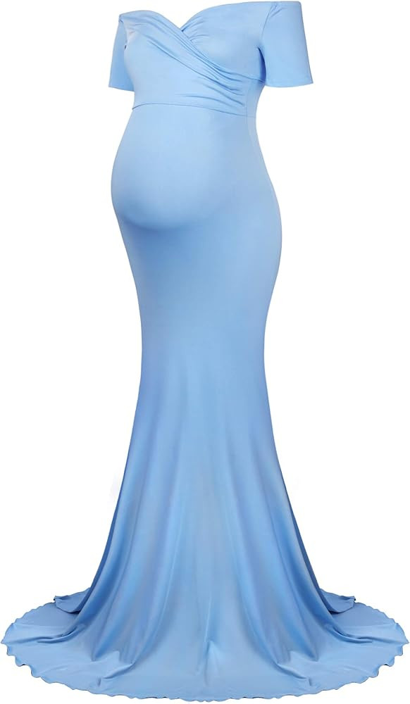 Molliya Maternity Long Dress Off Shoulder Elegant Fitted Gown Stretchy Maxi Photography Dress | Amazon (US)