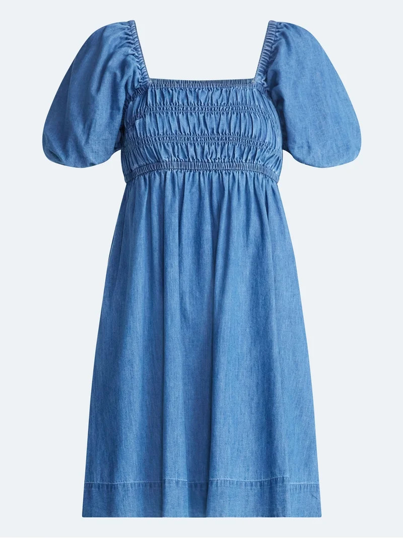 Free Assembly Women's and Women's Plus Smocked Cotton Peasant Mini Dress with Puff Sleeves, Sizes... | Walmart (US)