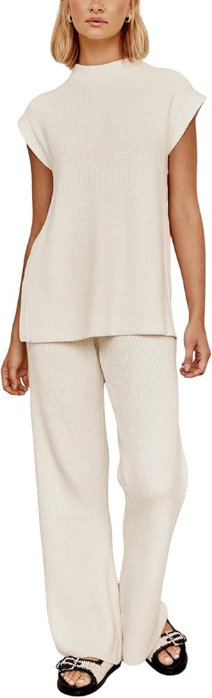 Lviefent Womens 2 Piece Outfits Sweater Set Sleeveless Side Slit Pullover Top Knit Wide Leg Pants... | Amazon (US)