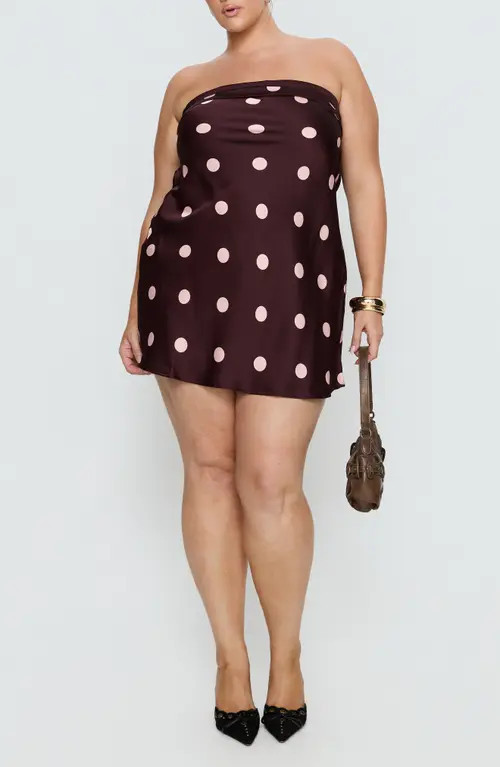 Princess Polly Phillipa Polka Dot Foldover Strapless Satin Minidress in Plum/Pink Polka Dot at Nordstrom, Size 12 | Nordstrom