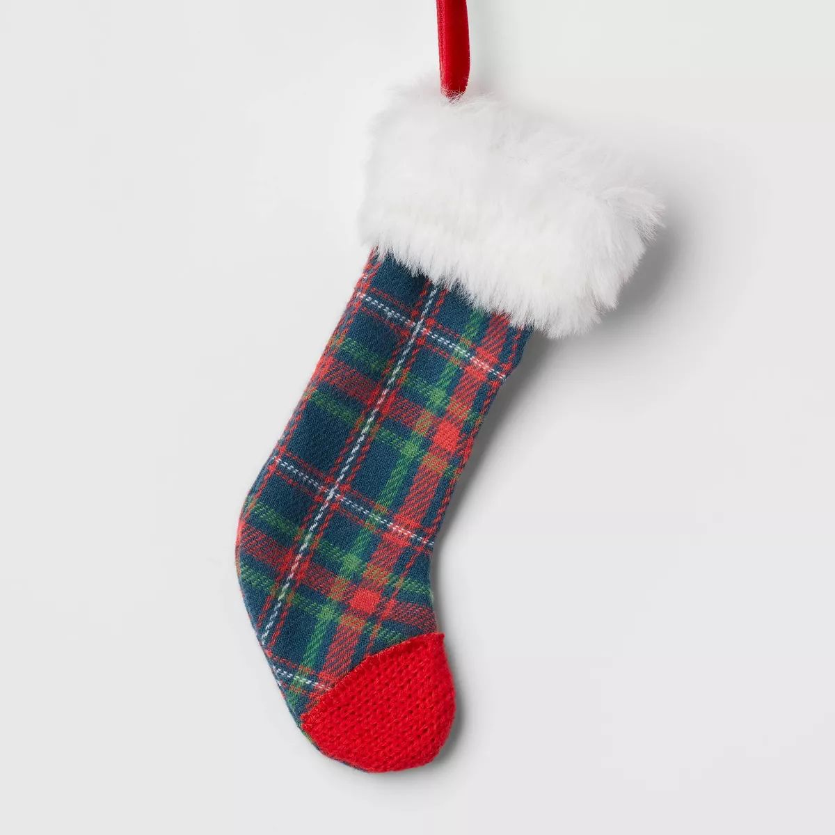 Plaid Fabric Stocking with Faux Fur Cuff Christmas Tree Ornament Blue/Red - Wondershop™ | Target