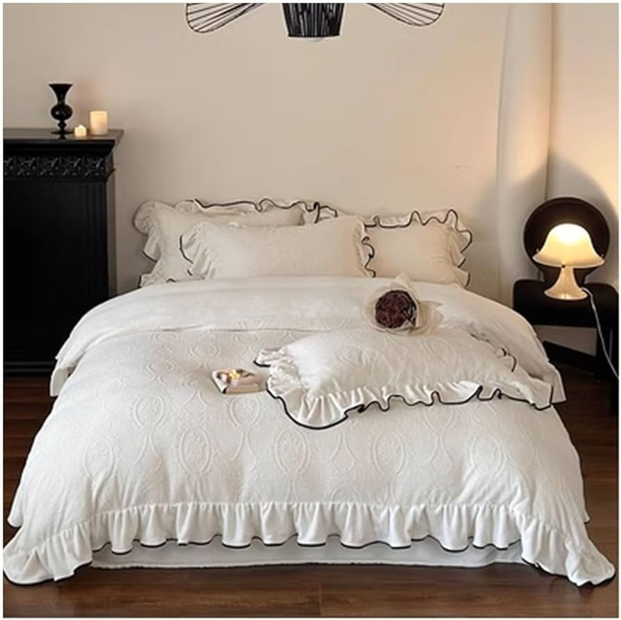 100% Coral Fleece Duvet Cover Set, Shabby Chic Ruffle Edge Insert Decoration, 4 Pcs Bedding, Whit... | Amazon (US)