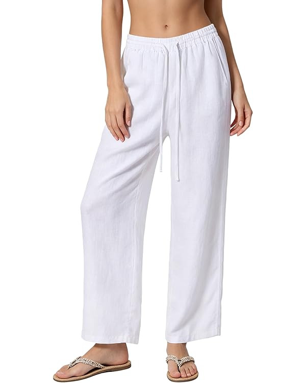 Amazhiyu Women's 100% Linen Elastic Waist Drawstring Wide Leg Pants with Pockets | Amazon (US)