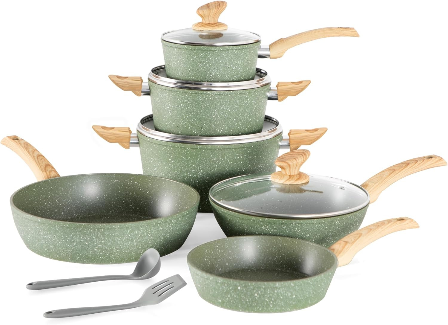Kitchen Academy Induction Cookware Sets - 12 Piece Green Cooking Pan Set, Granite Nonstick Pots a... | Amazon (US)