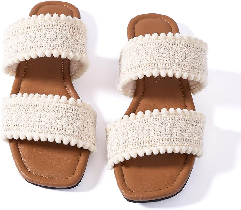 Mtzyoa Women's Sandals Casual Braided Dressy Summer Square Toe Quilted Flat Sandals | Amazon (US)