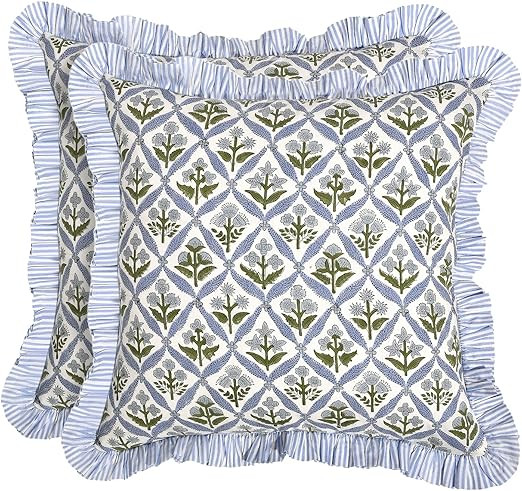 Block Print Light Steel Blue Throw Pillow Cover 18" x 18" (Pack of 2) Decorative Cushion Covers w... | Amazon (US)
