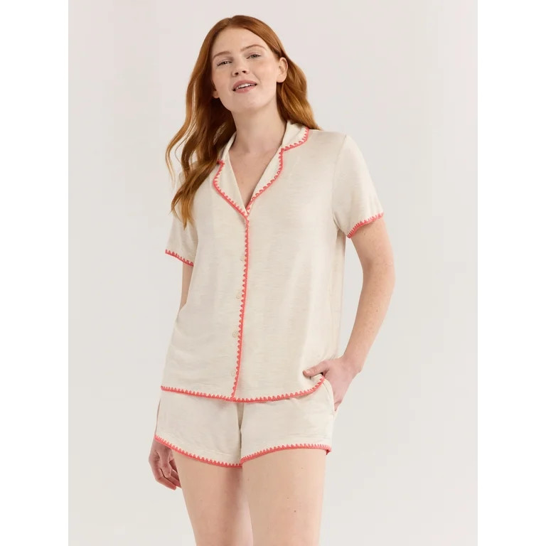 Joyspun Women’s Short Sleeve Notch Top and Shorts Pajama Set with Blanket Stitching, Sizes XS-3... | Walmart (US)