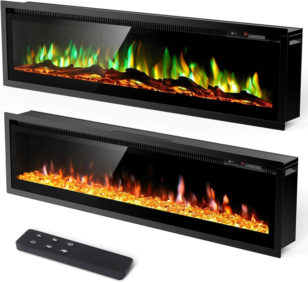 50" Electric Fireplace Inserts and Wall Mounts with Remote Controls 12 Realistic 3D Flame Colors, 750/1500 W Heater, Adjustable Temperature 62F to 82F, Low Noise, 8 Hour Timer, Log and Crystals | Amazon (US)