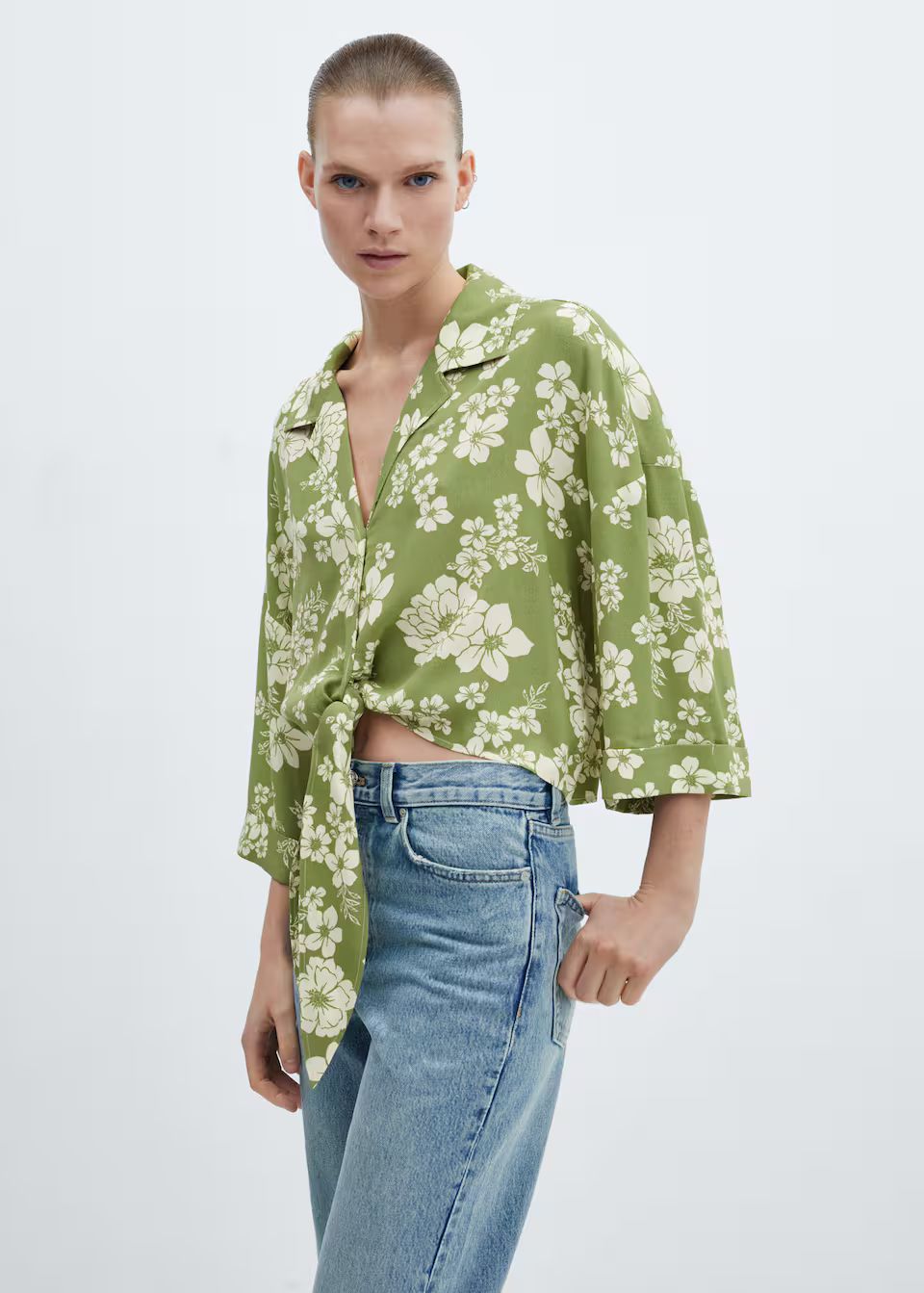 Floral-print shirt with knot detail | MANGO (US)