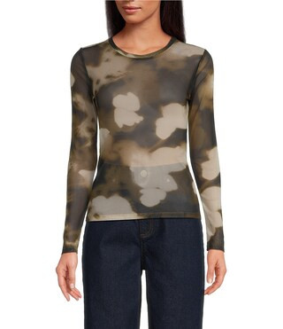 Matty Printed Mesh Abstract Boat Neck Long Sleeve Top | Dillard's