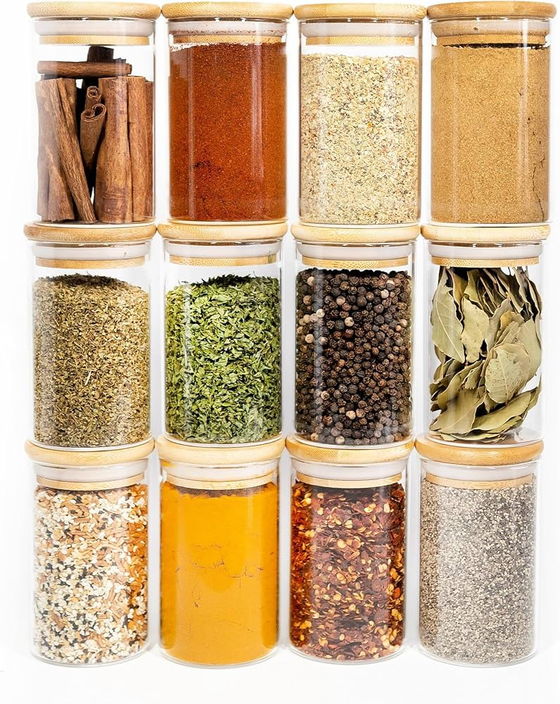 SAVVY & SORTED 12 Natural Bamboo Spice Jars - 8.5oz Large Glass Jars with Bamboo Lids - Seasoning... | Amazon (US)