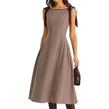 RIHOAS Women's Plaid Gingham Dress Casual Summer Midi Dresses for Women | Cute,Boat Neck,Non-adju... | Amazon (US)
