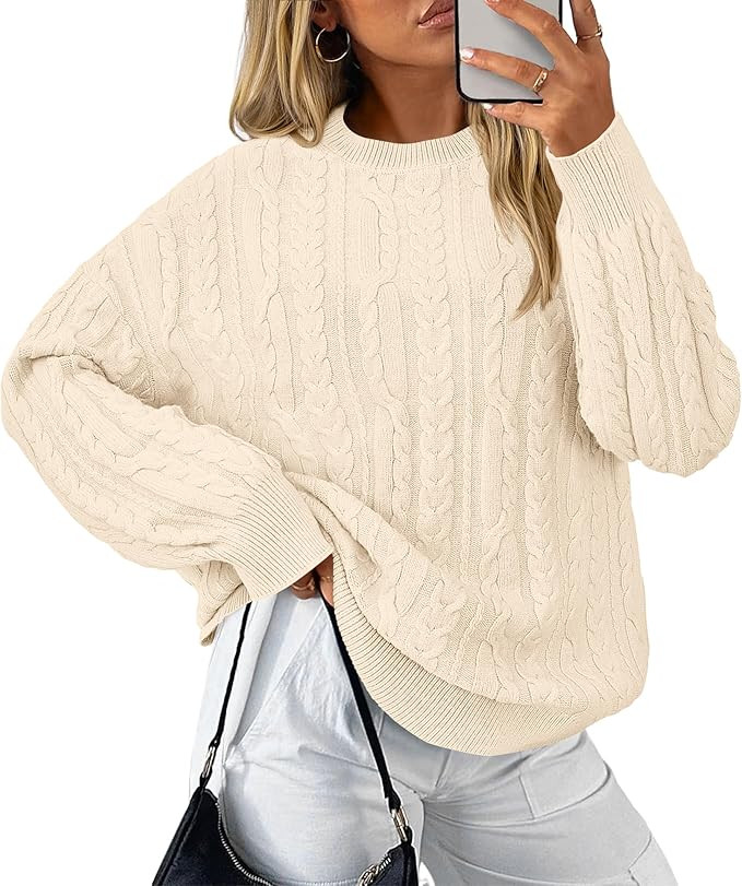 KIRUNDO Oversized Cable Knit Sweater Women 2025 Early Fall Fashion Chunky Cozy Long Sleeve Crewne... | Amazon (US)